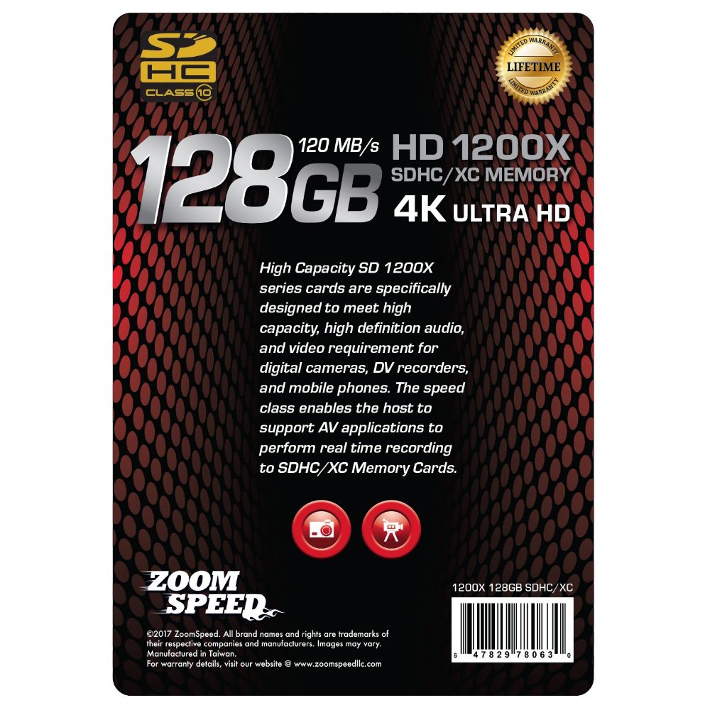 ZoomSpeed 128GB Ultra 4K High Speed Premium SDHC XC Memory Card