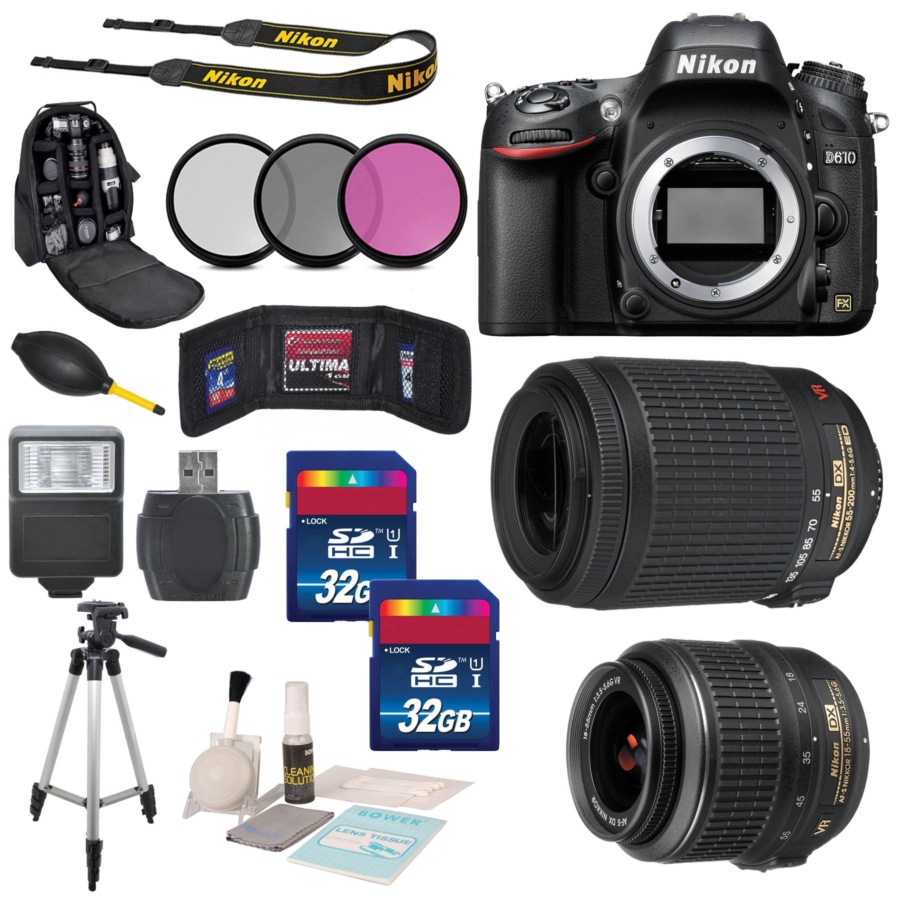 Hesje Temmen zo veel Nikon D610 Digital SLR Camera Body + Nikon AF-S DX NIKKOR 18-55mm  f/3.5-5.6G VR Lens & Nikon AF-S DX VR ZOOM NIKKOR 55-200mm f/4-5.6G IF-ED  Lens Accessory 64GB Bundle DSLR610KIT56