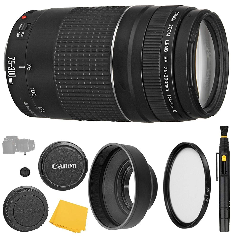 Canon EF 75-300mm f/4-5.6 III Lens + UV Filter + Collapsible Rubber Lens  Hood + Lens Cleaning Pen + Lens Cap Keeper + Cleaning Cloth - 75-300mm III:  