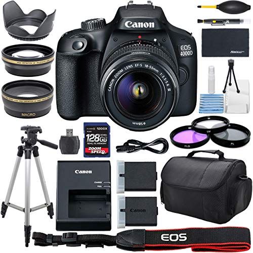 Canon EOS 4000D DSLR Camera with 18 55mm f 3.5 5.6 Zoom Lens 128GB Memory Case Tripod and More AOM Pro Bundle Kit 28 PCS