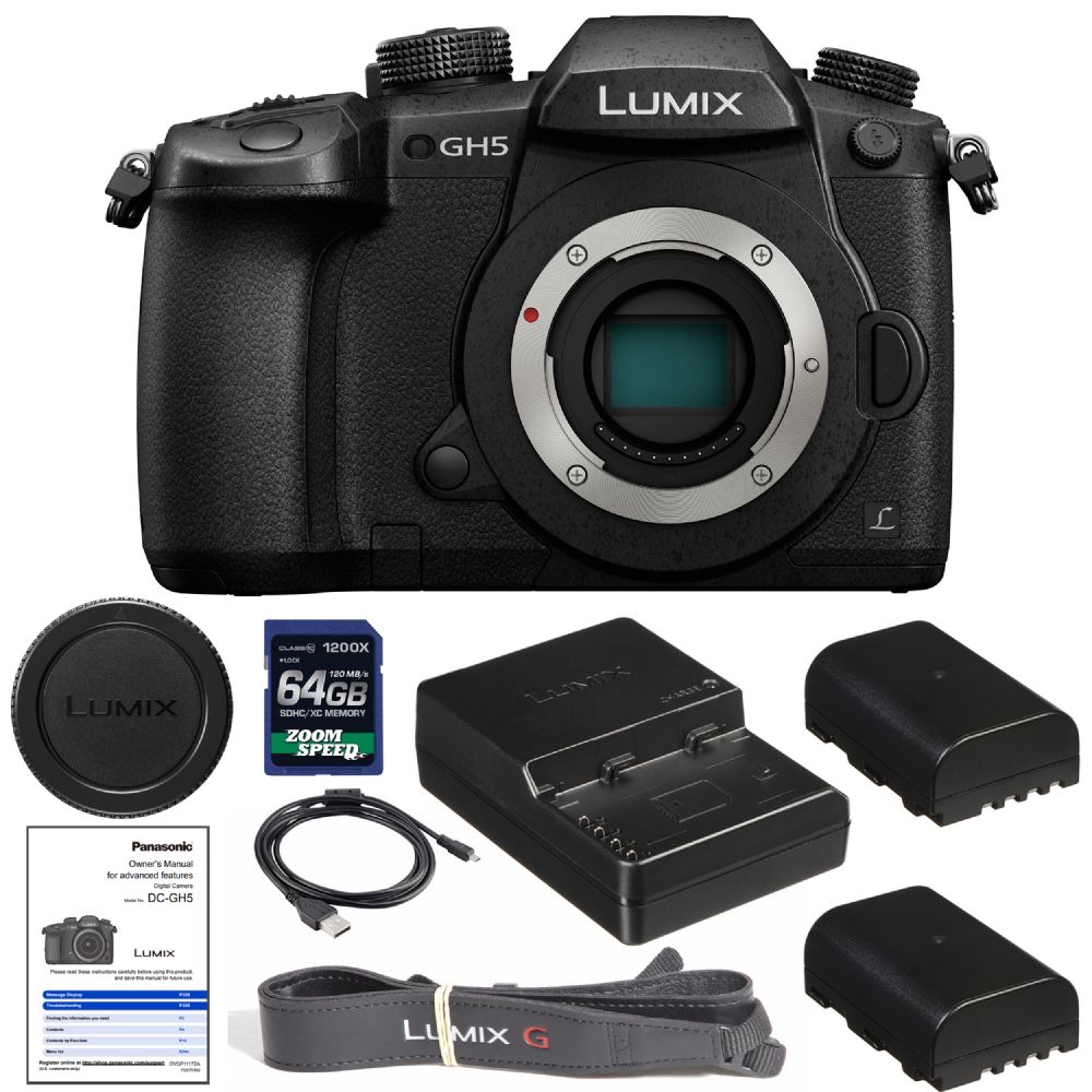 Graag gedaan neef annuleren Panasonic Lumix DC-GH5 Mirrorless Micro Four Thirds Digital Camera (Body  Only) with 1200 x 64gb SDXC Card, (2) BLF19 Batteries, Charger, Neckstrap,  Body Cap AOM Starter Kit