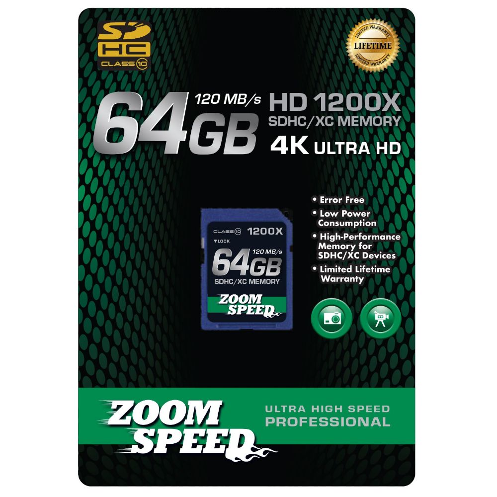 ZoomSpeed 64GB Ultra 4K High Speed Premium SDHC/XC Memory Card