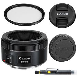 Canon EF 50mm f/1.8 STM Lens with Glass UV Filter, Front and Rear Lens Caps, and Deluxe Cleaning Pen, Lens Accessory