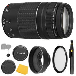 Canon EF 75-300mm f/4-5.6 III Lens + UV Filter + Collapsible Rubber Lens Hood + Lens Cleaning Pen + Lens Cap Keeper + Cleaning Cloth - 75-300mm III: DC Micromotor Lens - international Version