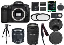 Canon EOS 90D Digital SLR Camera + 18-55mm STM + Canon 75-300mm III Lens + SD Card Reader + 64gb SDXC + Remote + Spare Battery + Accessory Bundle