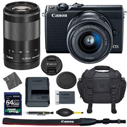 Canon EOS M100: Mirrorless Digital Camera with 15-45mm & 55-200mm STM Lenses (Black) (2209C011) + 64GB AOM Pro Kit: International Version (1 Year AOM Warranty)