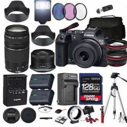 Canon EOS R7 Mirrorless Camera with 18-45mm and 75-300mm Lens + 128 GB Memory + Hood + Spare Travel Charger + Filters + Tripod + More