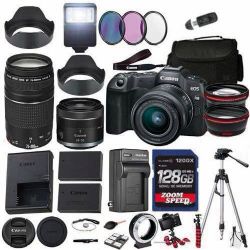 Canon EOS R8 Mirrorless Camera with 24-50mm and 75-300mm Lens + 128 GB Memory + Hood + Spare Travel Charger + Filters + Tripod + More