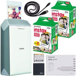 Fujifilm instax Share Smartphone Printer SP-2 (Silver) + Fujifilm Instax Mini Twin Pack Instant Film (40 Shots) + AOM Microfiber Cloth Bundle Kit