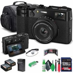 FUJIFILM X100VI Digital Camera (Black) (16821913) + 128GB Card + Card Reader + Battery + Charger + Carrying Case + Flex Tripod + Memory Card Wallet + Cleaning Kit + Cap Keeper Bundle