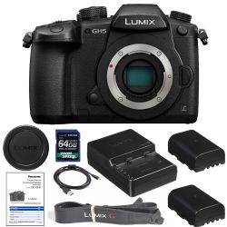 Panasonic Lumix DC-GH5 Mirrorless Micro Four Thirds Digital Camera (Body Only) with 1200 x 64gb SDXC Card, (2) BLF19 Batteries, Charger, Neckstrap, Body Cap AOM Starter Kit