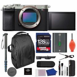 Sony Alpha 7CR Full-Frame Interchangeable Lens Hybrid Camera (Silver) Bundle with Backpack, Monopod, & More