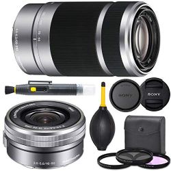 Sony E PZ 16-50mm f/3.5-5.6 OSS Lens (SELP1650) + Sony E 55-210mm f/4.5-6.3 OSS Lens (SEL55210) (Silver) + AOM Pro Starter Combo - international Version (1 Year AOM Warranty)