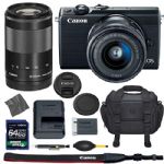 Canon EOS M100: Mirrorless Digital Camera with 15-45mm & 55-200mm STM Lenses (Black) (2209C011) + 64GB AOM Pro Kit: International Version (1 Year AOM Warranty)